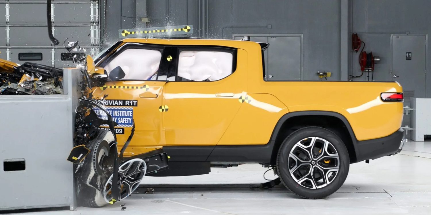 Yellow Rivian R1T crash test