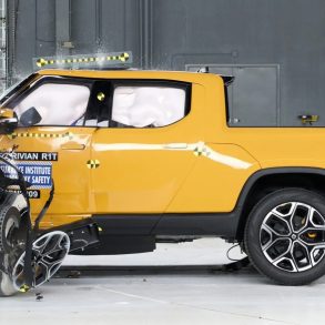 Yellow Rivian R1T crash test