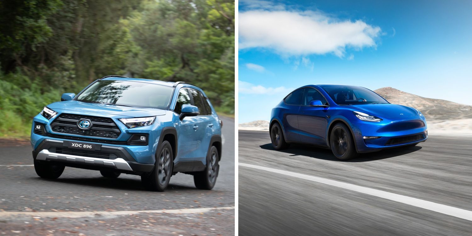 Side by side comparison of a Toyota RAV4 and a Tesla Model Y