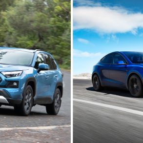 Side by side comparison of a Toyota RAV4 and a Tesla Model Y