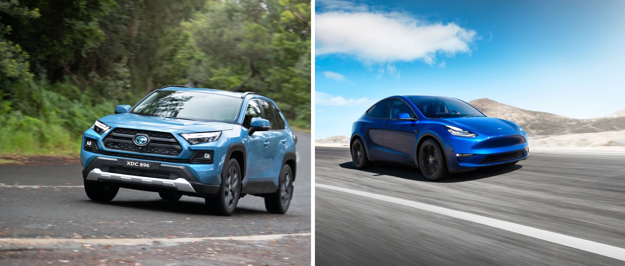 Side by side comparison of a Toyota RAV4 and a Tesla Model Y