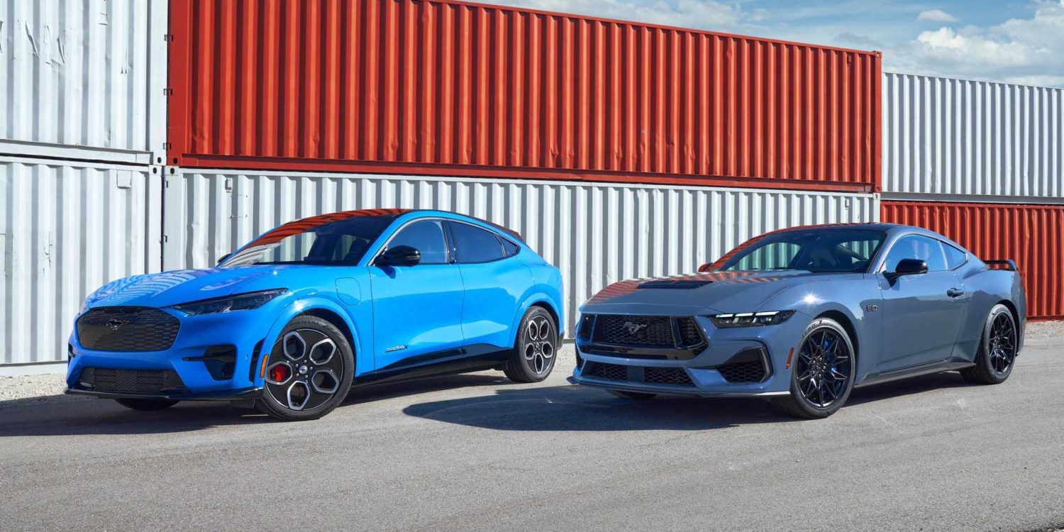 Three-quarter side view of a blue Mustang Mach-E and Mustang GT