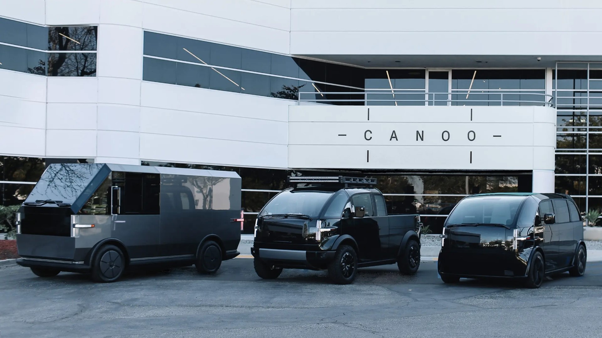 Canoo EV lineup outside the company's headquarters